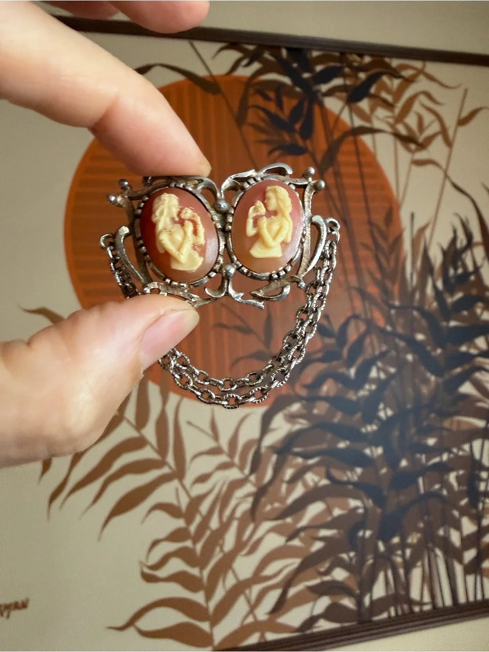 Vintage Mid-Century Double Cameo Sweater Guard Brooch Pin – Silver Tone Chatelai